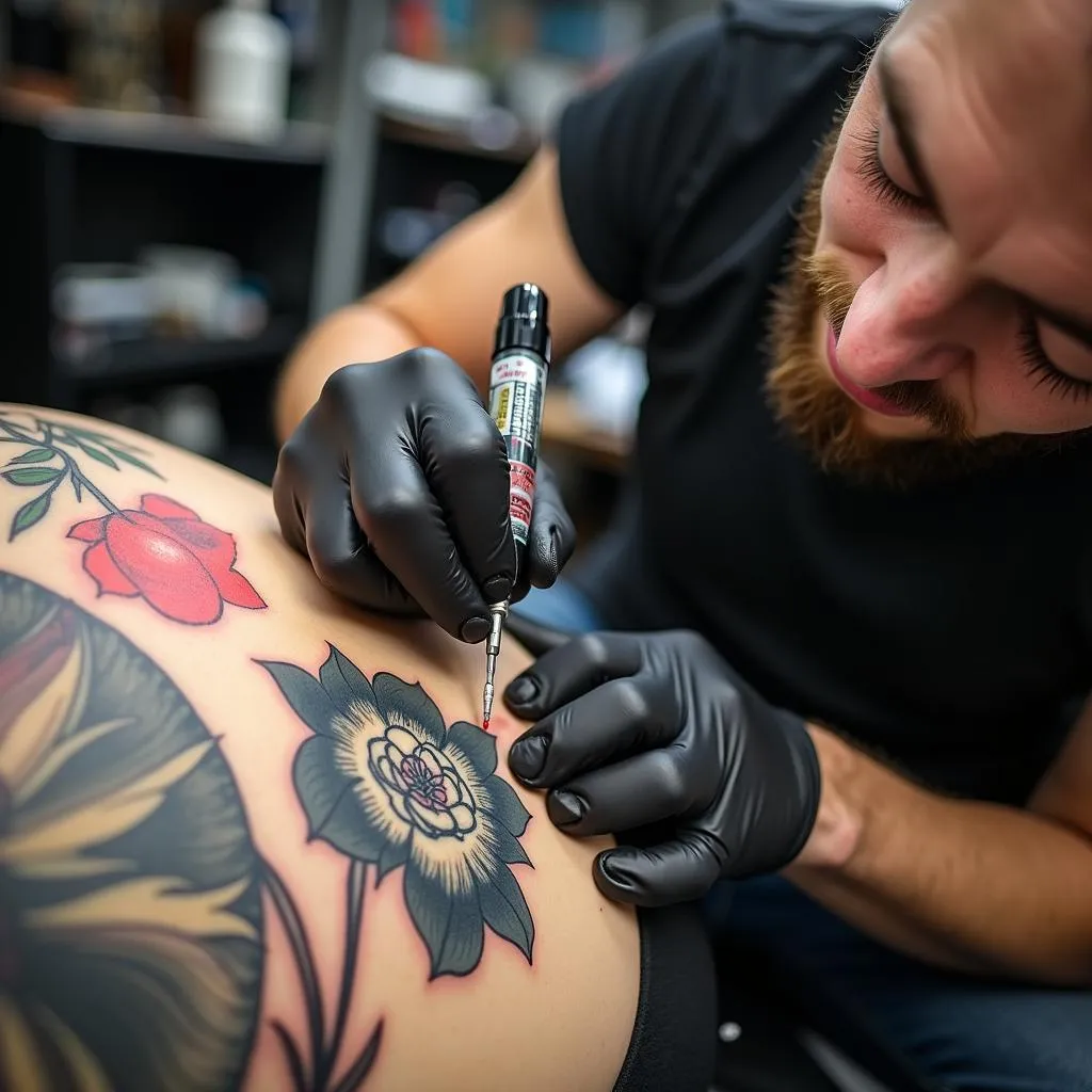 Tattoo artist adding color to a black and grey tattoo