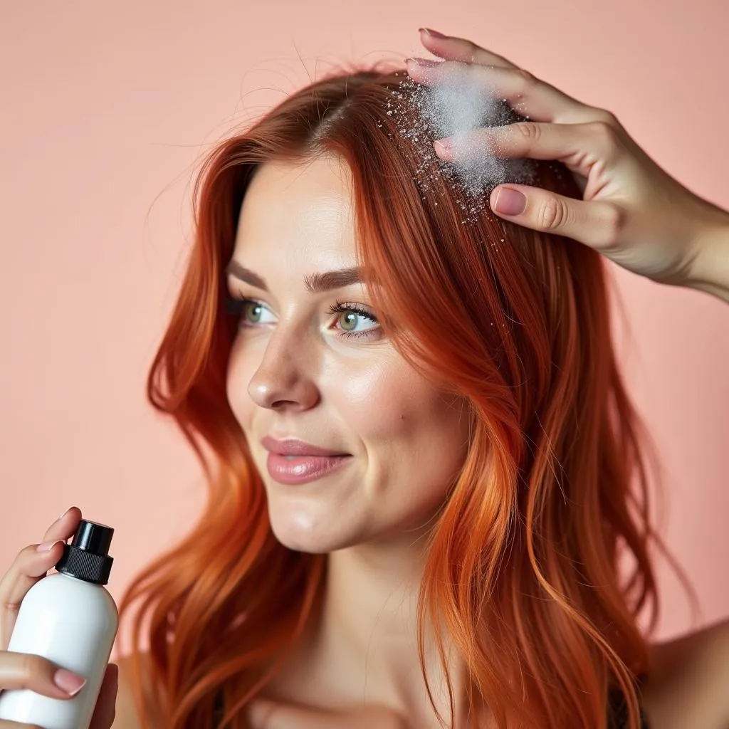 Applying dry shampoo to the hair roots