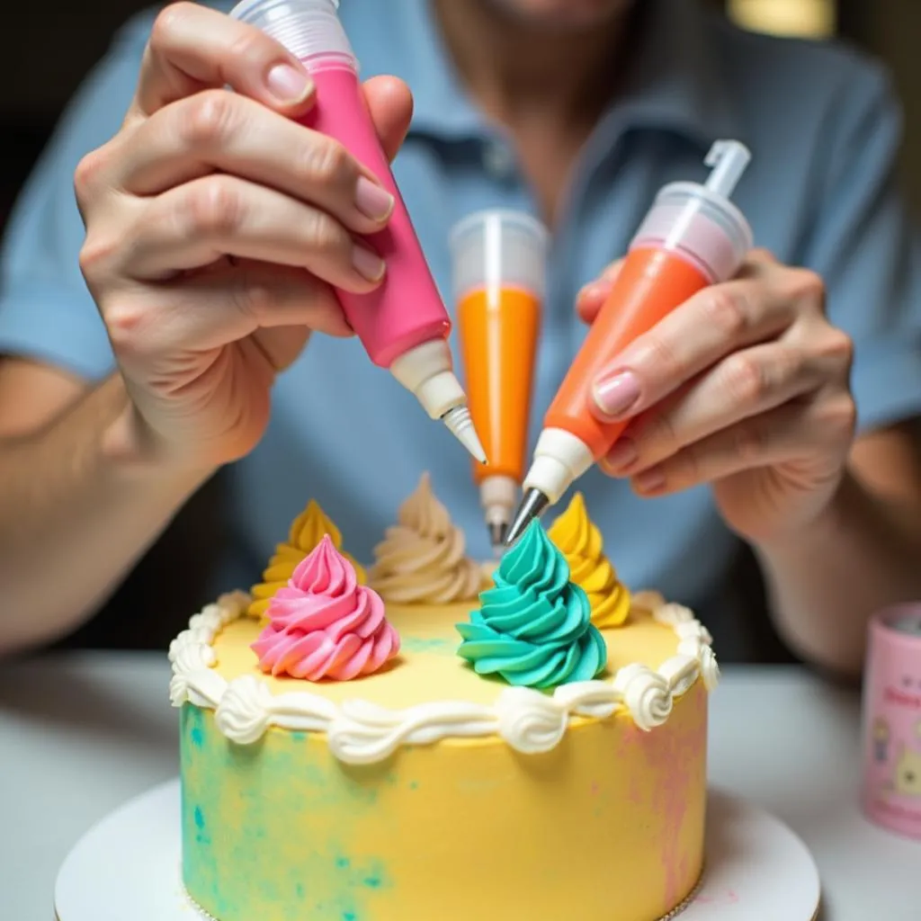 Baker decorating a cake with colorful frosting