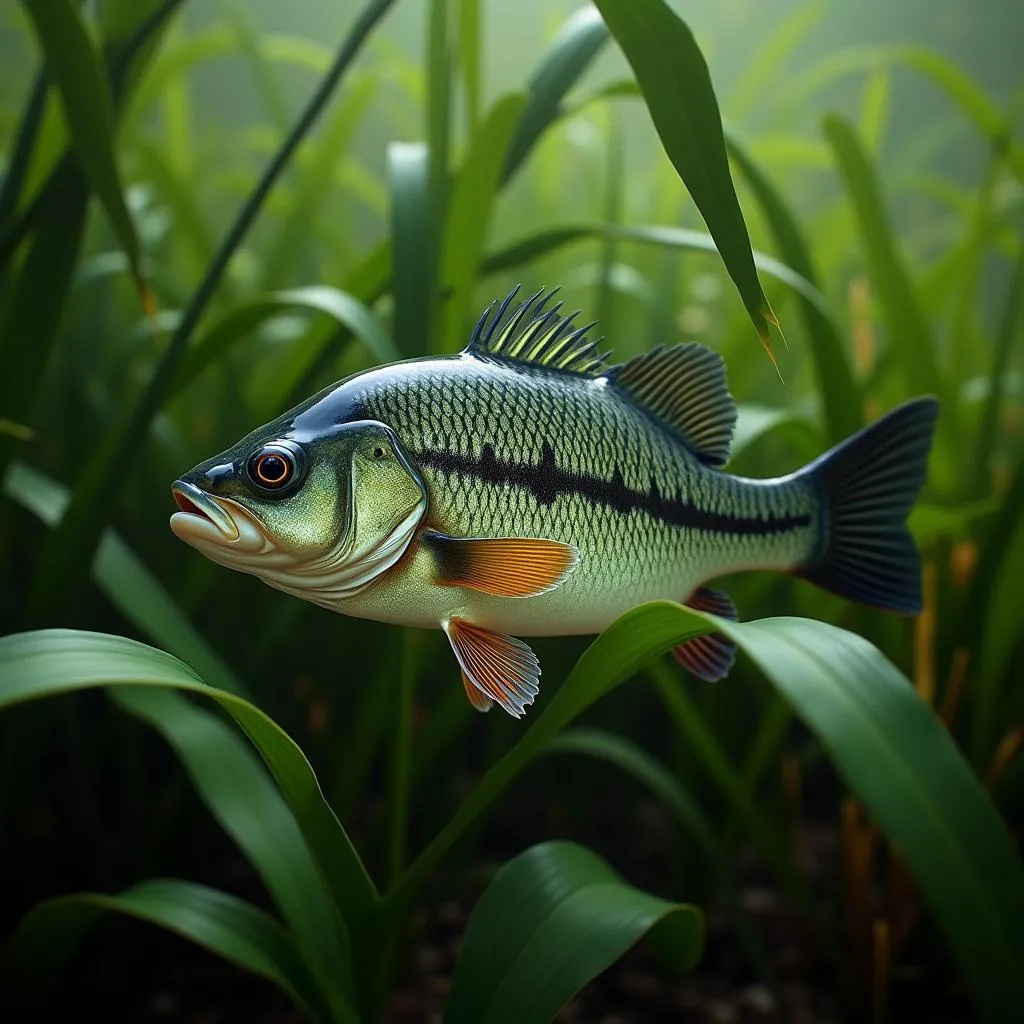 A bass fish hiding in aquatic plants