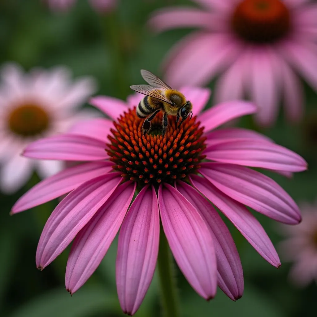 Bee pollinating a dark flower