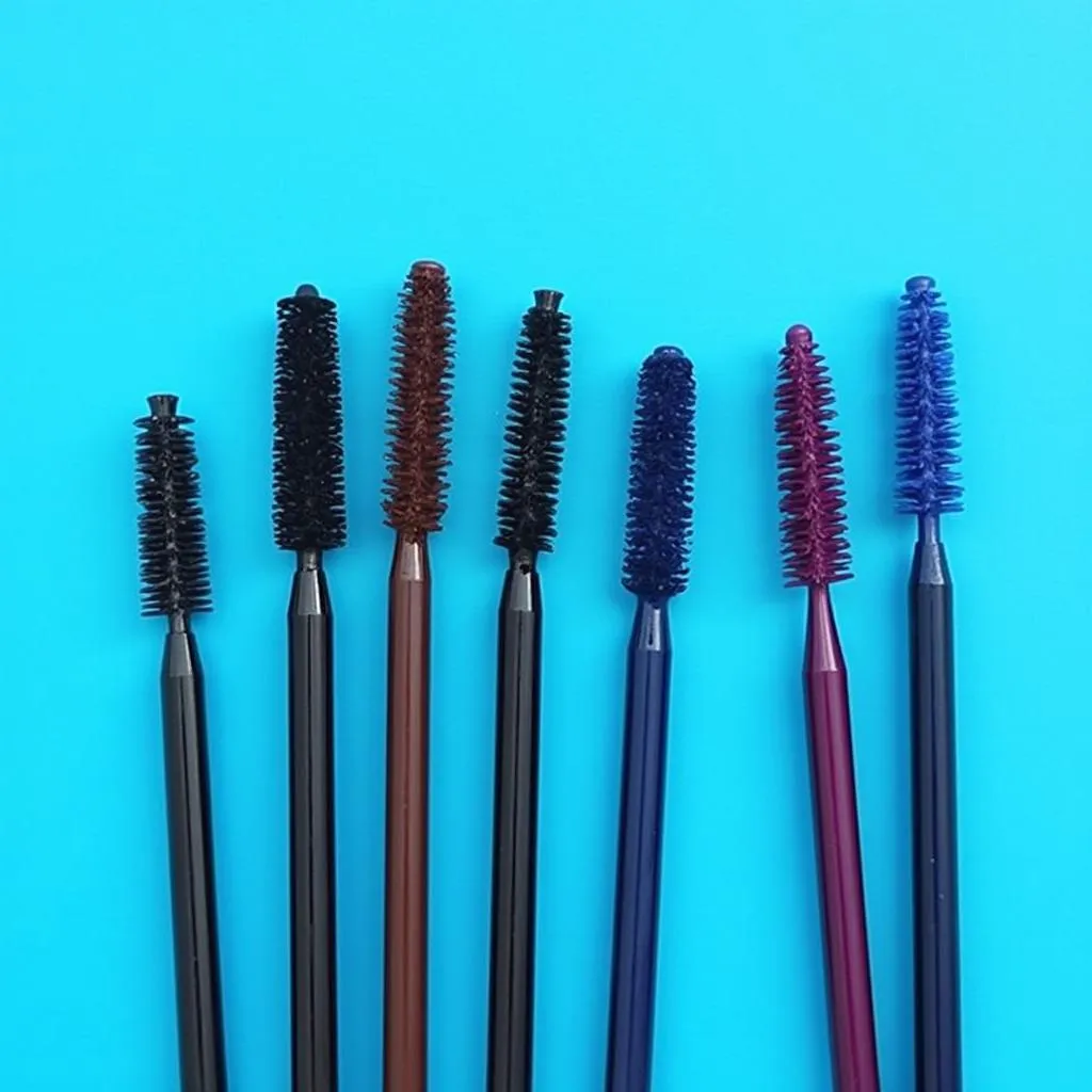 Different colored mascara wands against a blue background