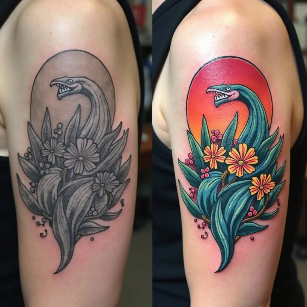 Comparison of a black and grey tattoo before and after adding color