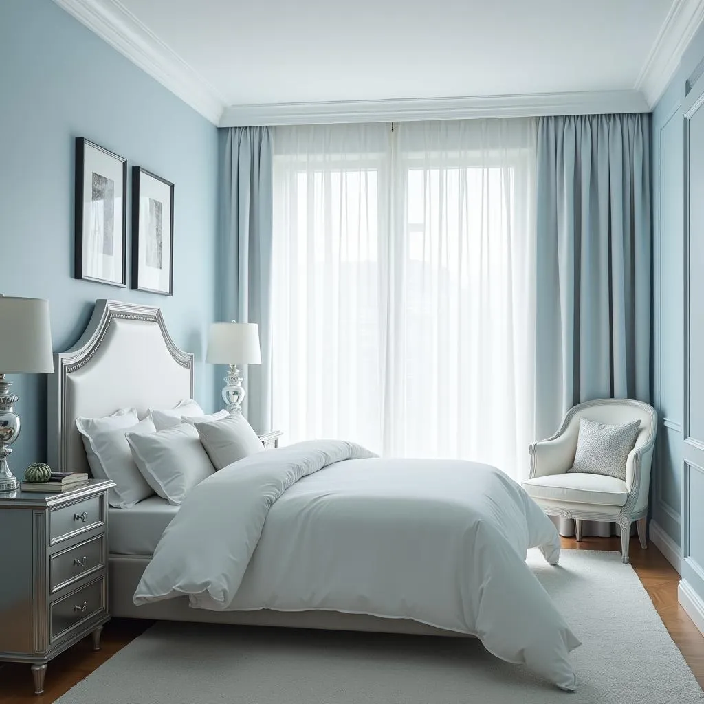 Bedroom with silver accents and light blue walls