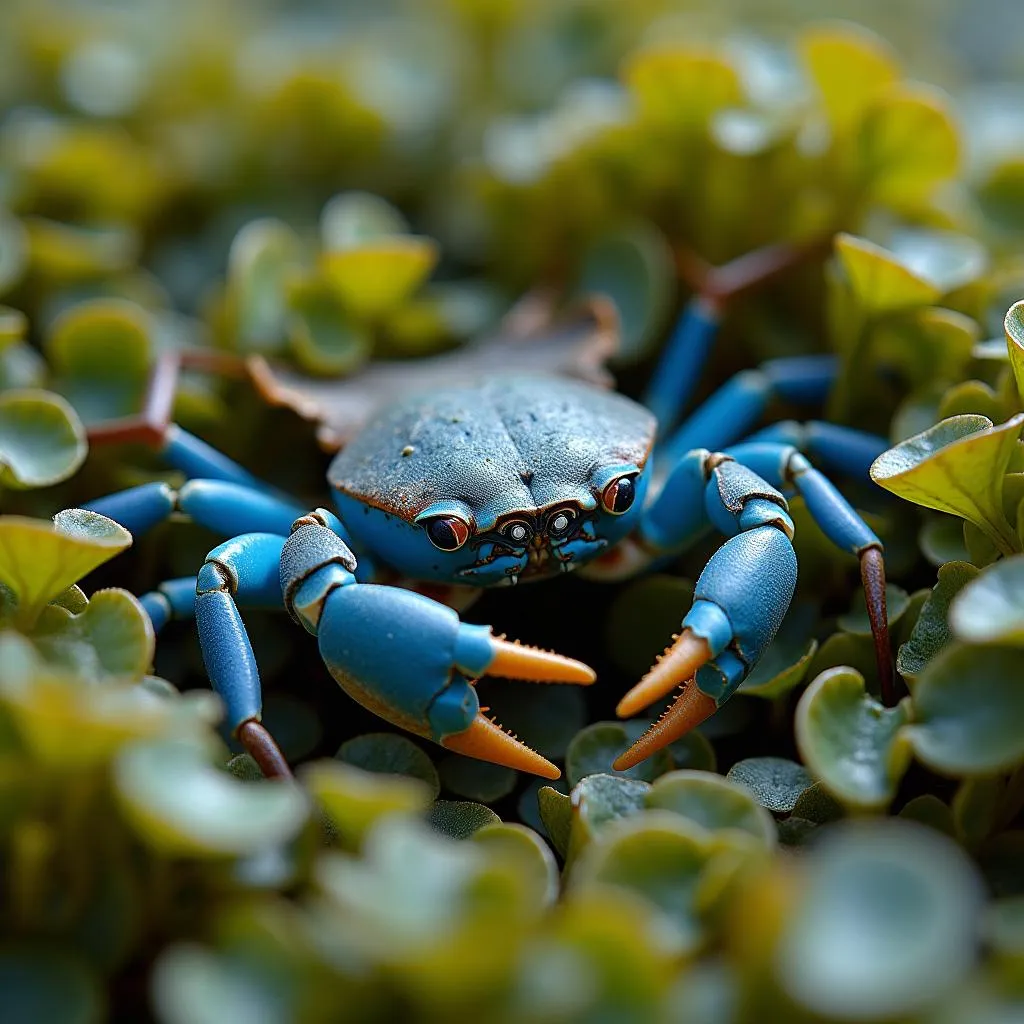 A blue crab blending in with seaweed