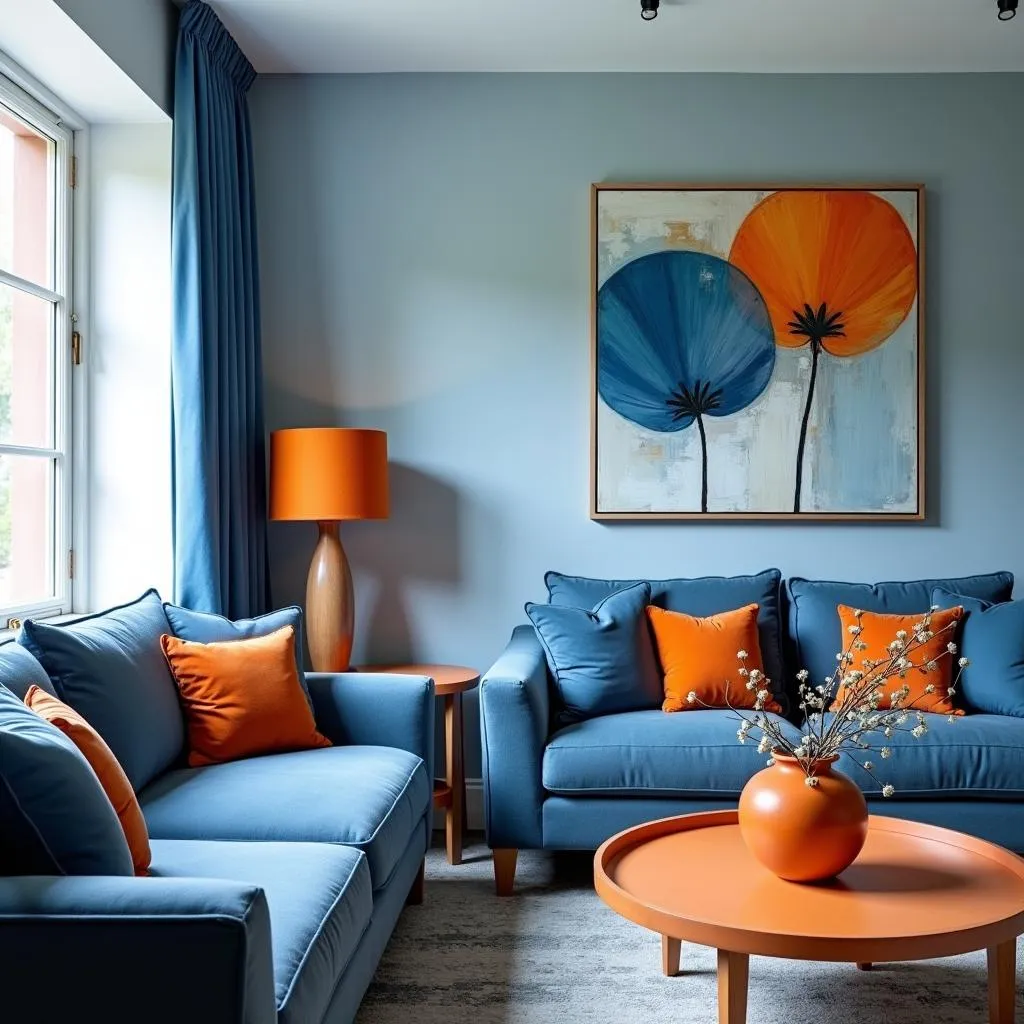 Blue living room with orange accents