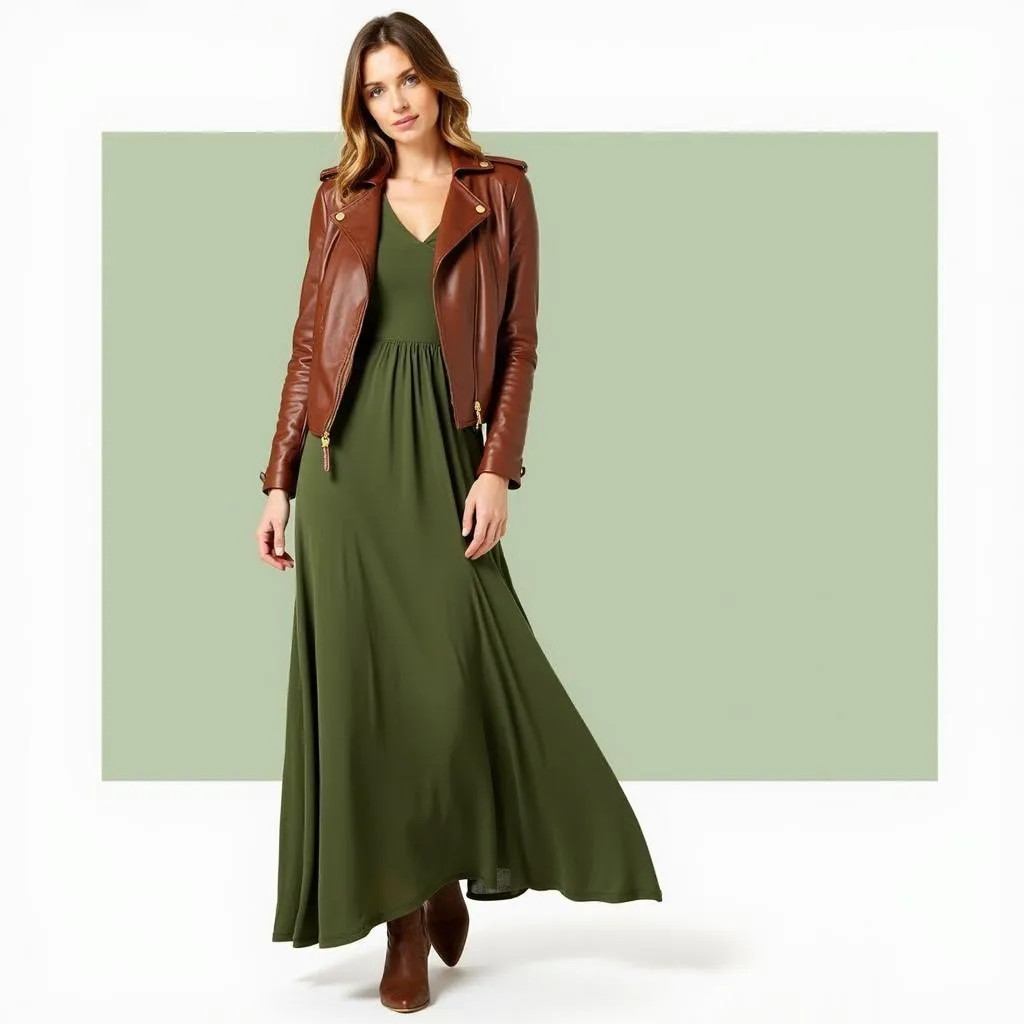 Woman in a chic brown and green outfit