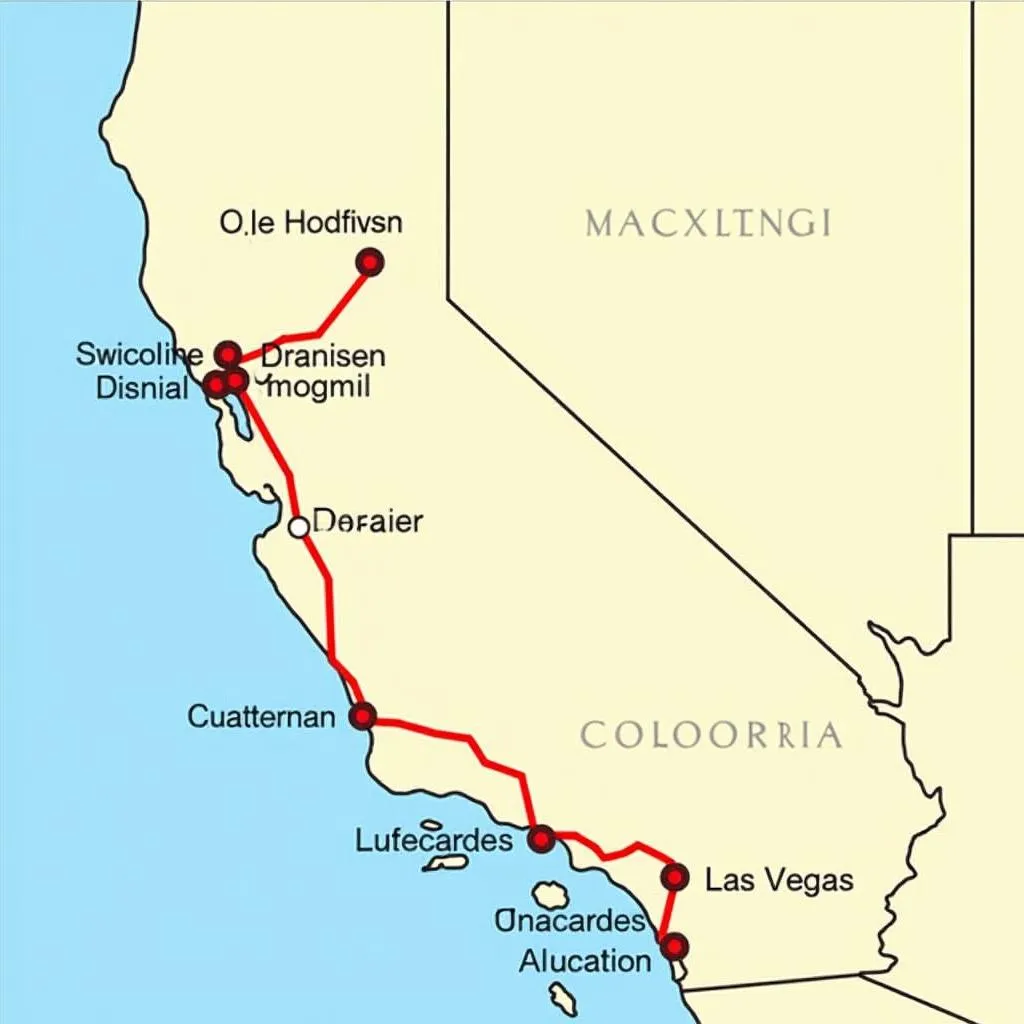 Map of California and Colorado with distance markers