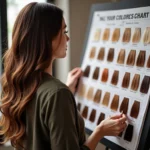 Woman looking at a hair color chart