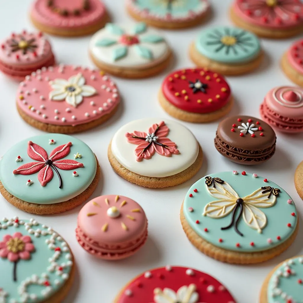 Close-up shot of beautifully decorated cookies and macarons