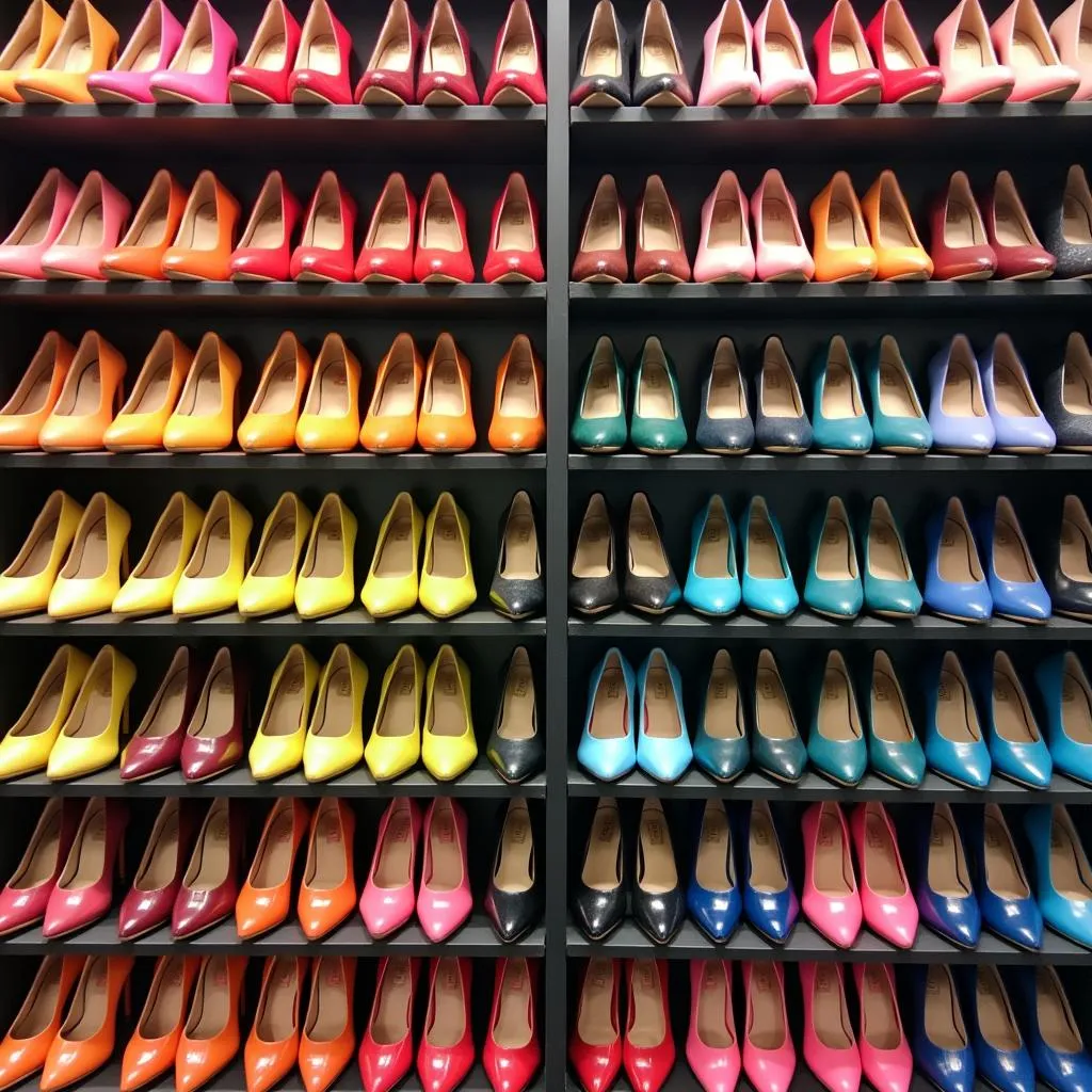 Close-up of various colored shoes on display in a store