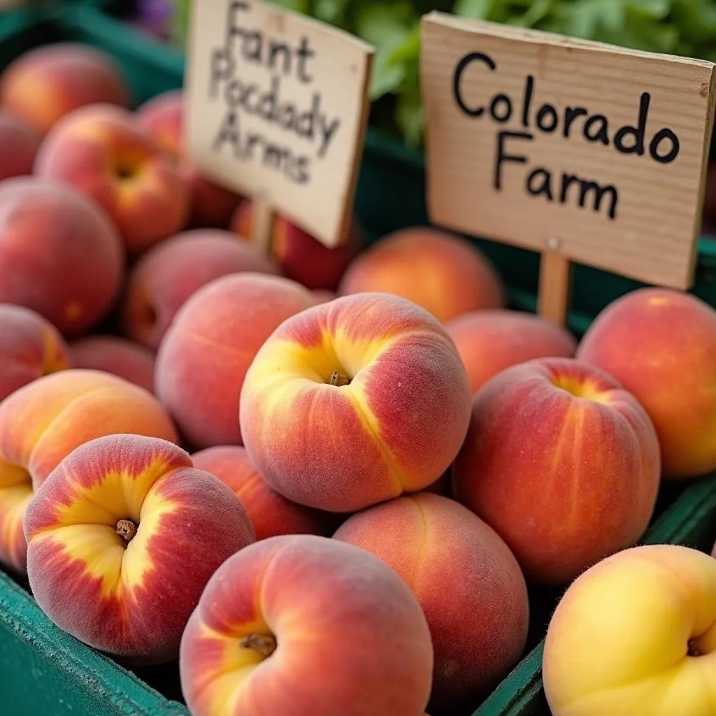 Freshly picked Colorado peaches at a farmers market stall