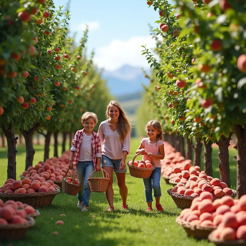 Colorado peach orchard with families picking peaches