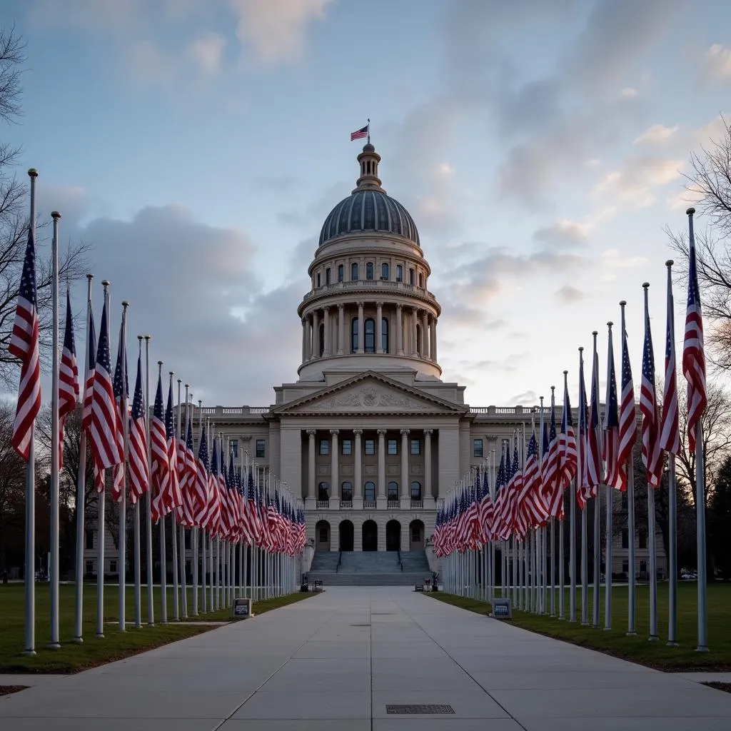 Colorado State Capitol with flags at half-staff