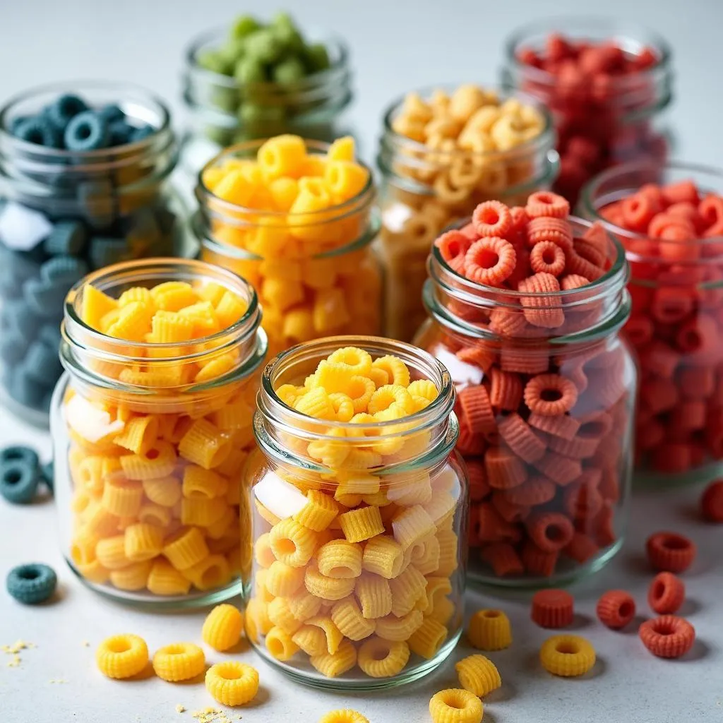 Assorted colors of dry pasta stored in glass jars.