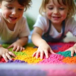 Children playing with colorful rice in a sensory bin