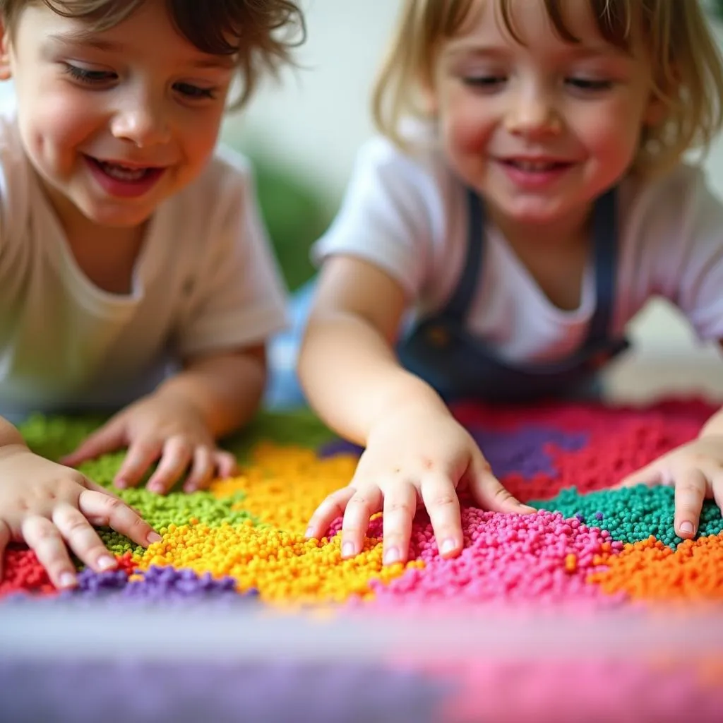 Children playing with colorful rice in a sensory bin