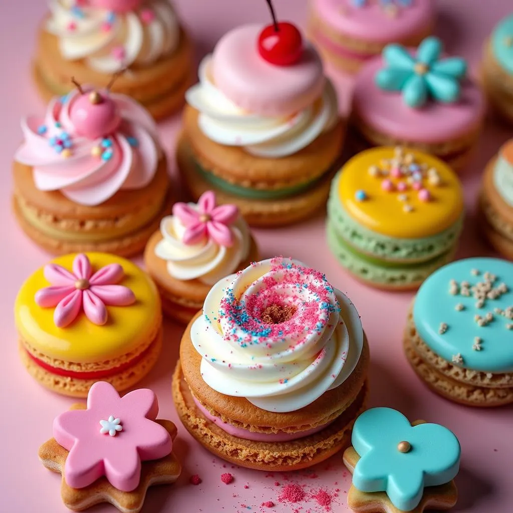 Assortment of colorful pastries on display