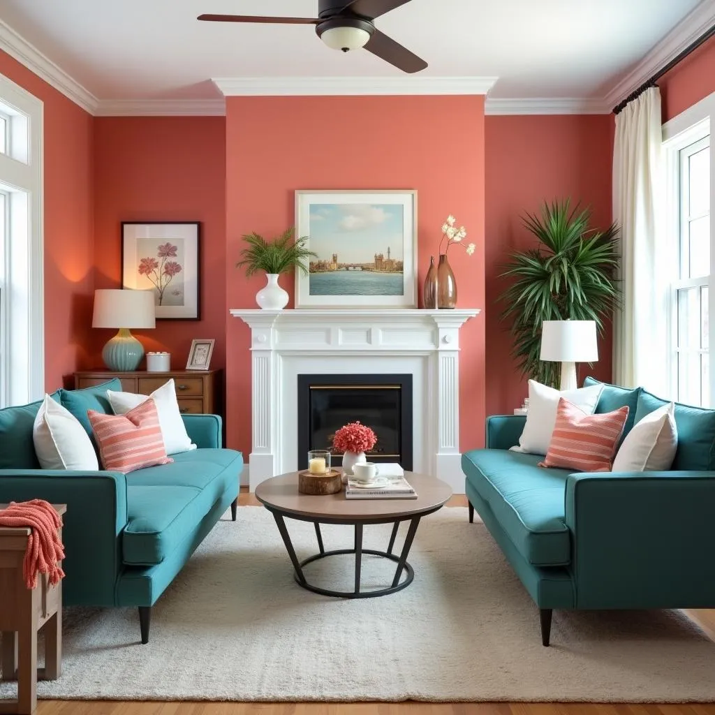 Coral and Teal Living Room