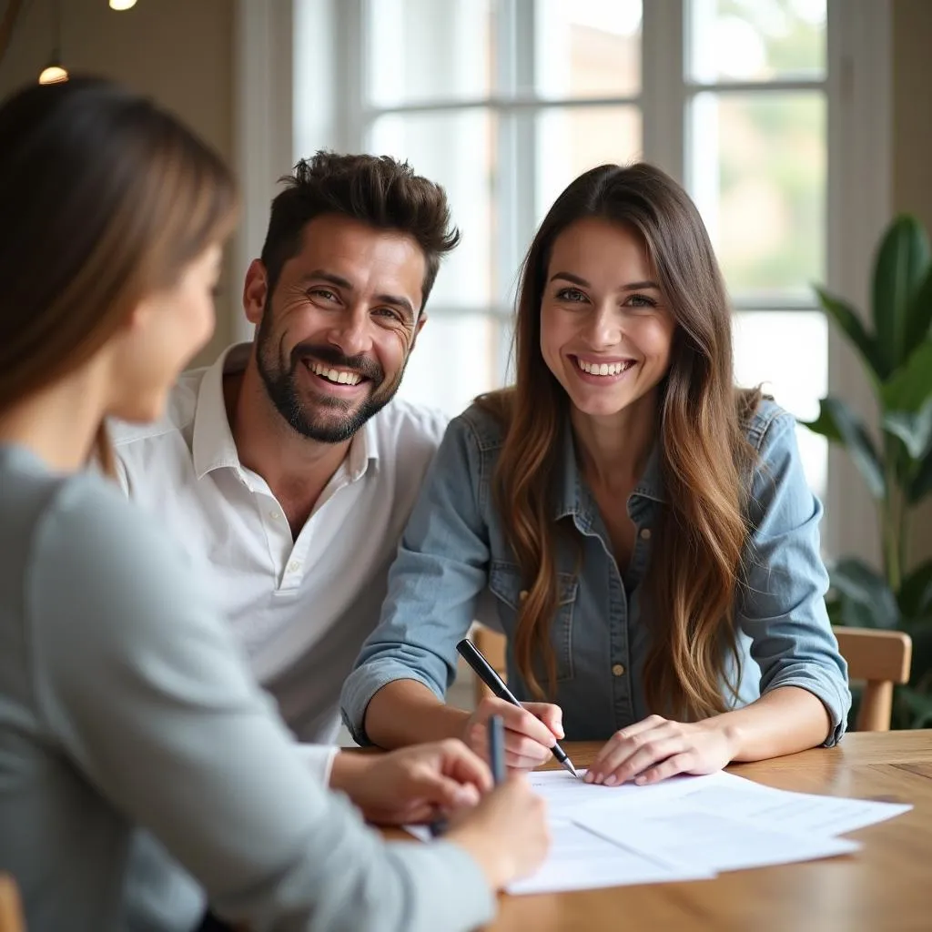 Couple signing paperwork to buy a foreclosed home