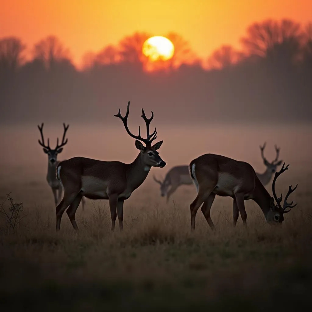 Deer Grazing in a Field at Dawn