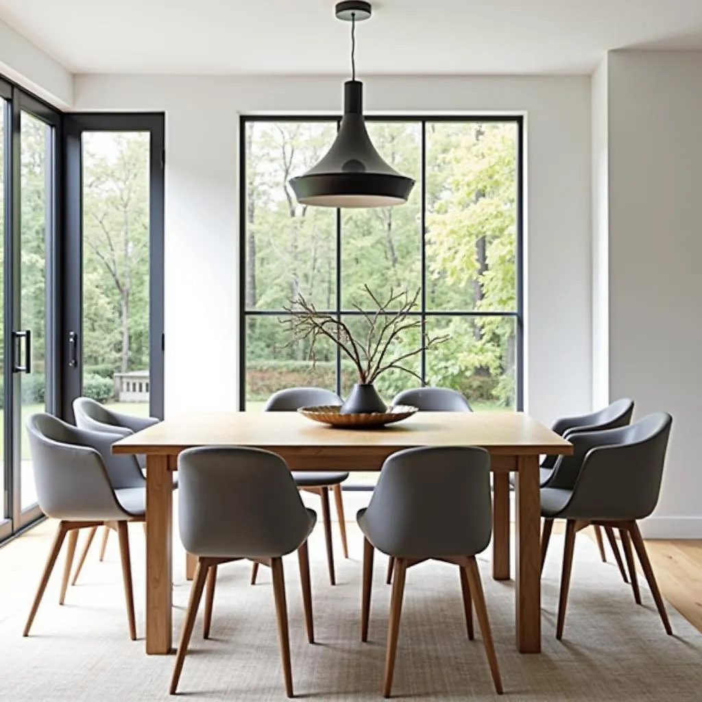 Modern dining room with light wood floors and gray chairs