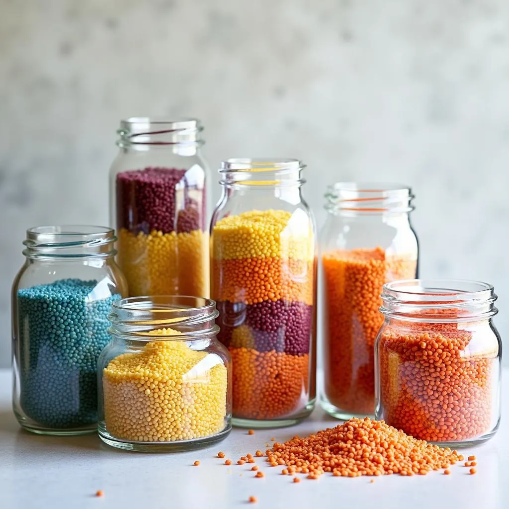 Colorful rice used in various DIY home decorations