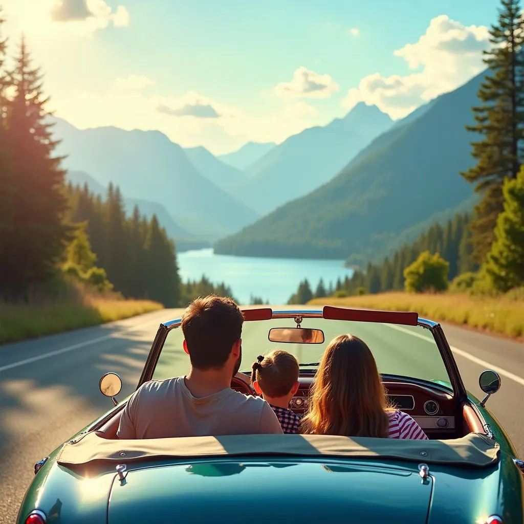 Family enjoying a road trip in a convertible