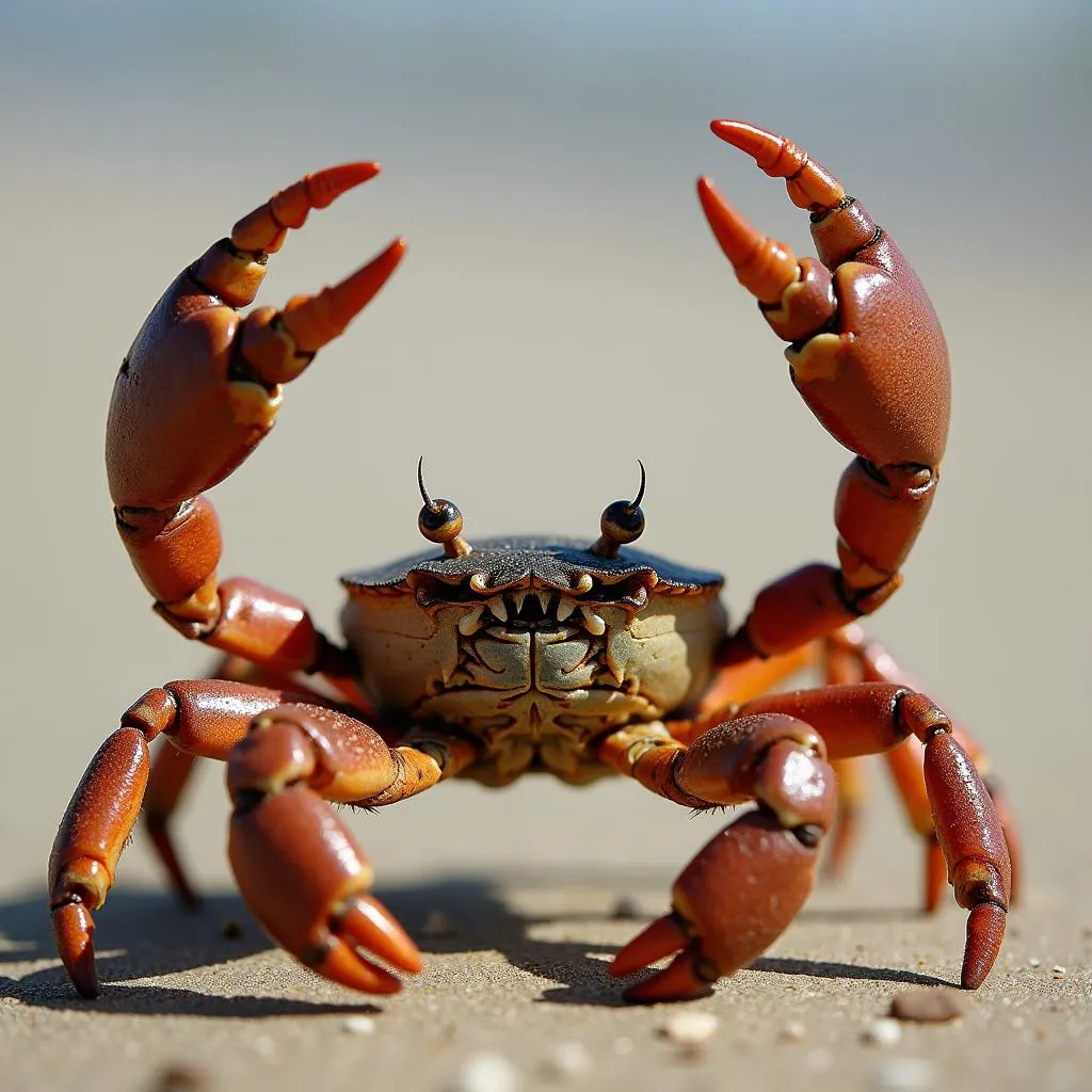 A male fiddler crab with an enlarged claw, waving to attract a mate