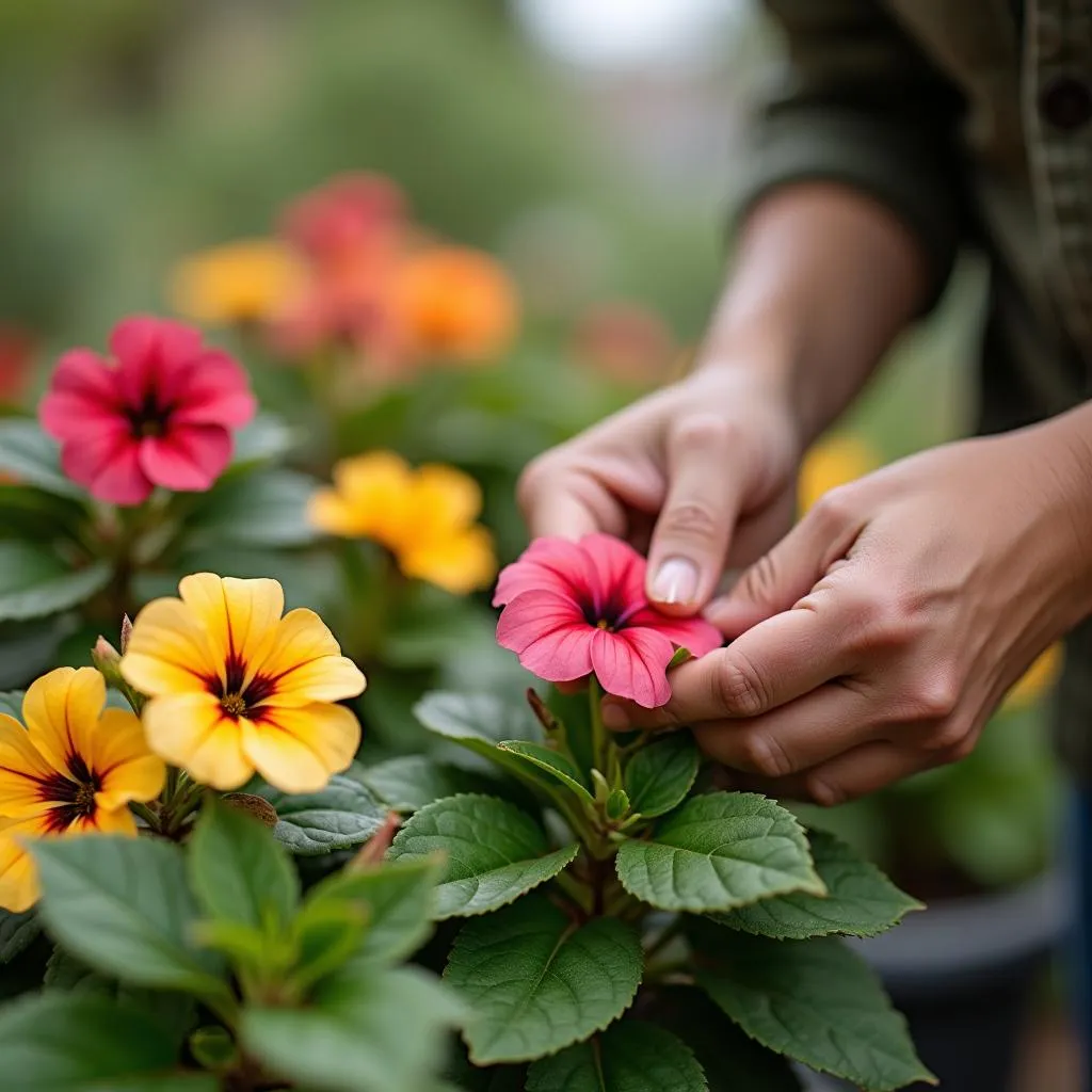 Gardener Deadheading Petunia Flowers