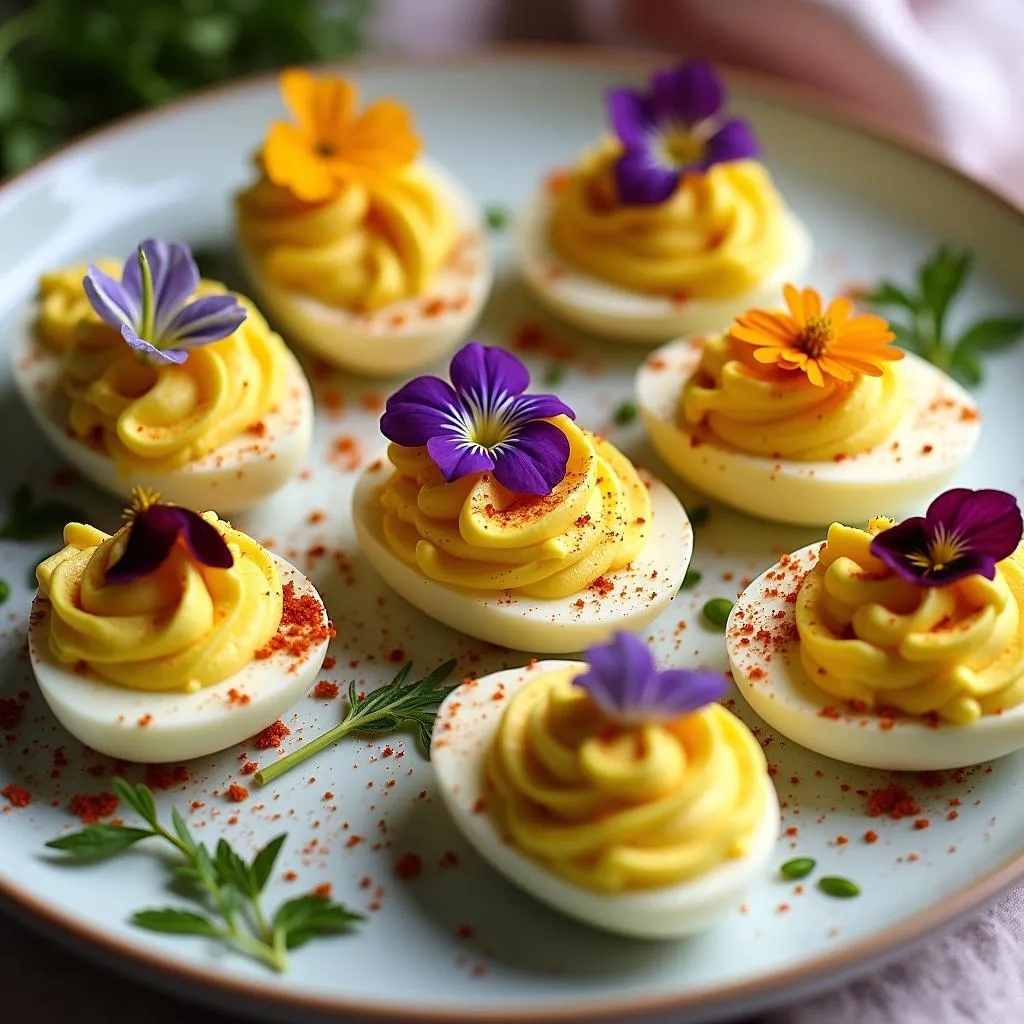 Platter of colorful and garnished deviled eggs