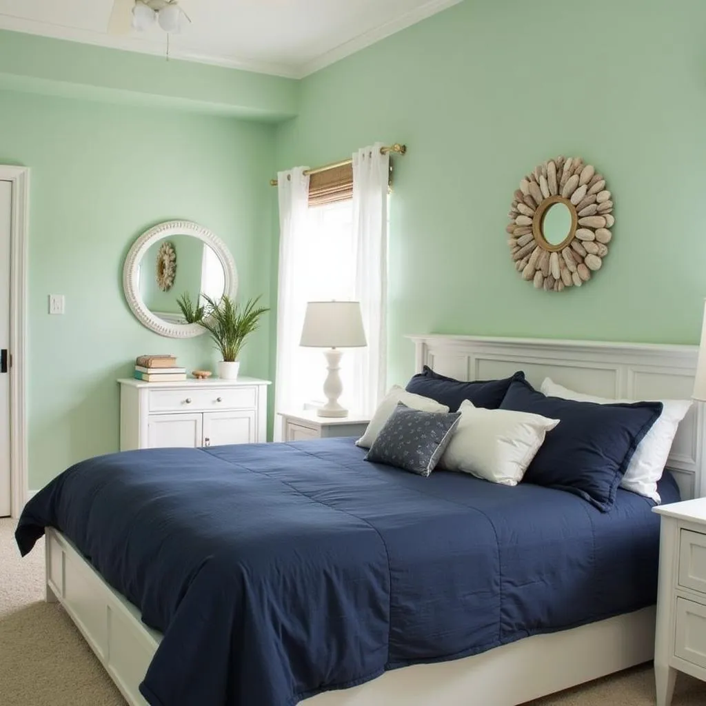 Serene bedroom with green walls and blue bedding, ocean-themed decor