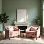 Living Room with Green Walls and Pink Accents