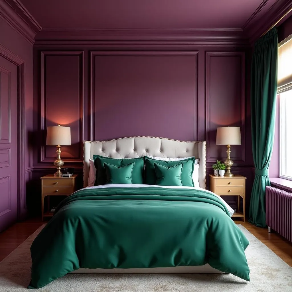 Bedroom Decorated in Green and Purple