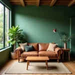 Green living room with brown leather sofa and wooden accents