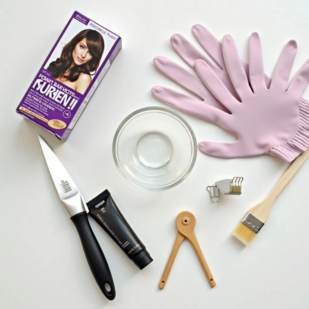 Hair dye kit and tools prepared on table