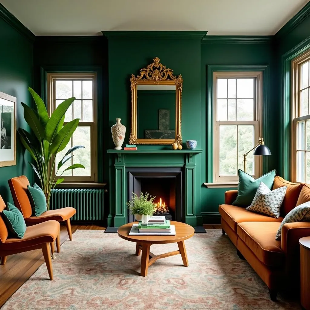 Hunter green living room with natural light