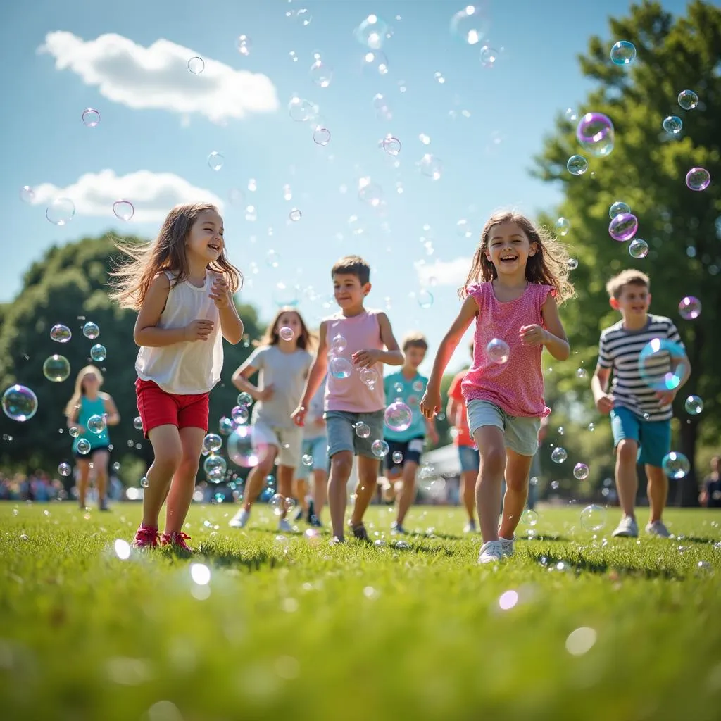 Children blowing colorful bubbles outdoors