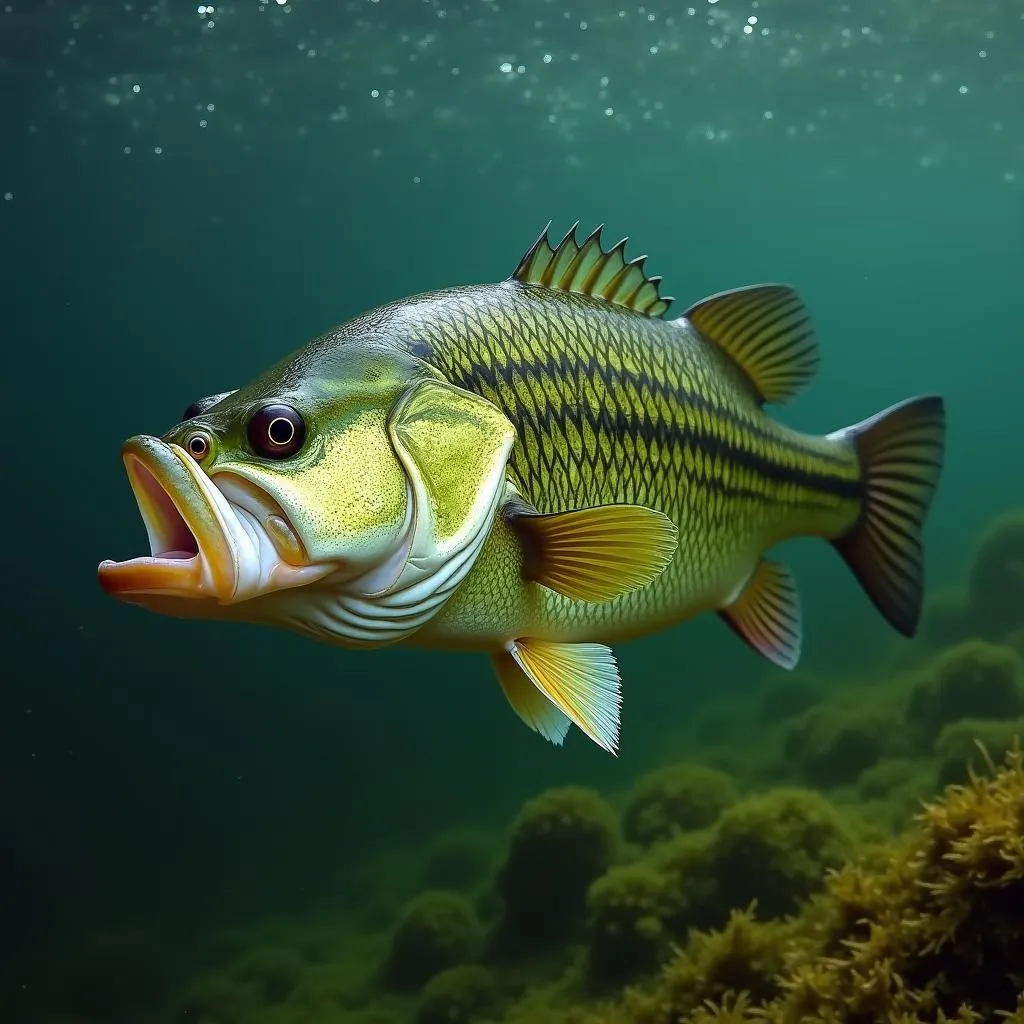 Largemouth bass swimming in a lake