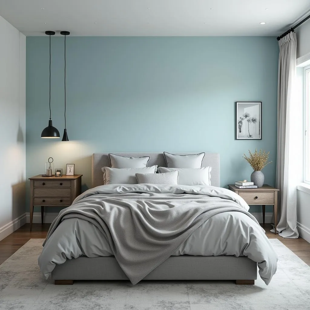 Modern Bedroom with Light Blue Accent Wall and Gray Bedding