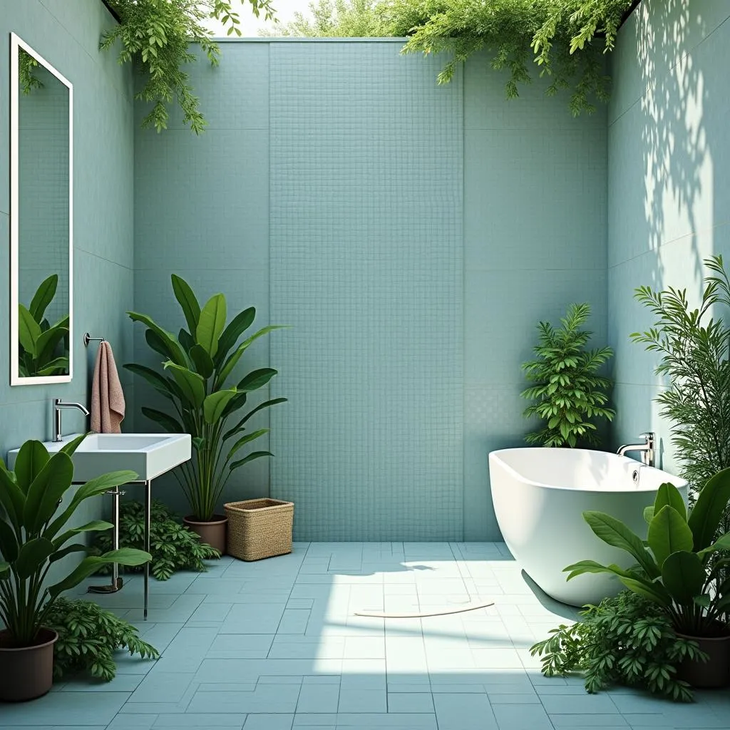 Bathroom with Light Blue Tiles and Green Plants