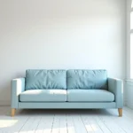 Living Room with Light Blue Sofa and White Walls