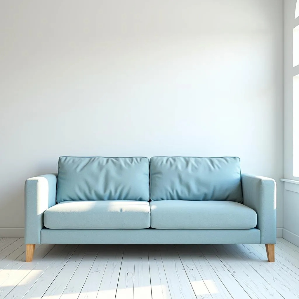 Living Room with Light Blue Sofa and White Walls