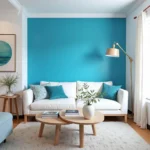 Living room with a bold blue accent wall