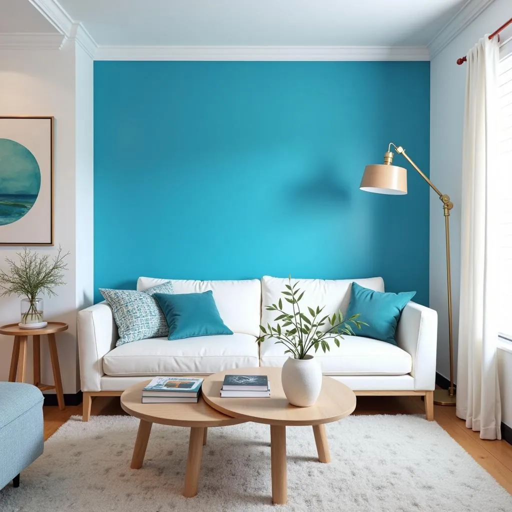 Living room with a bold blue accent wall