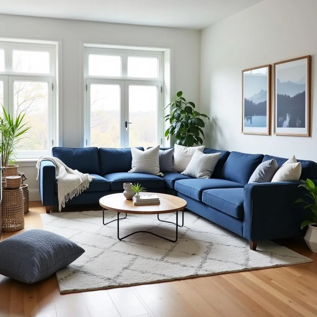 Spacious living room with light wood floors and a navy blue sofa