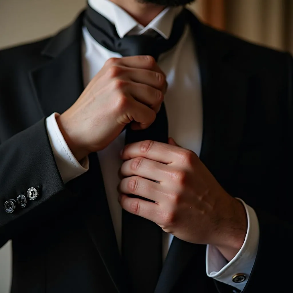 Man in black suit adjusting his tie