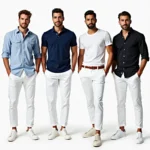 Men wearing white pants and shirts in various colors.