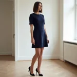 Woman in a navy dress with nude tights