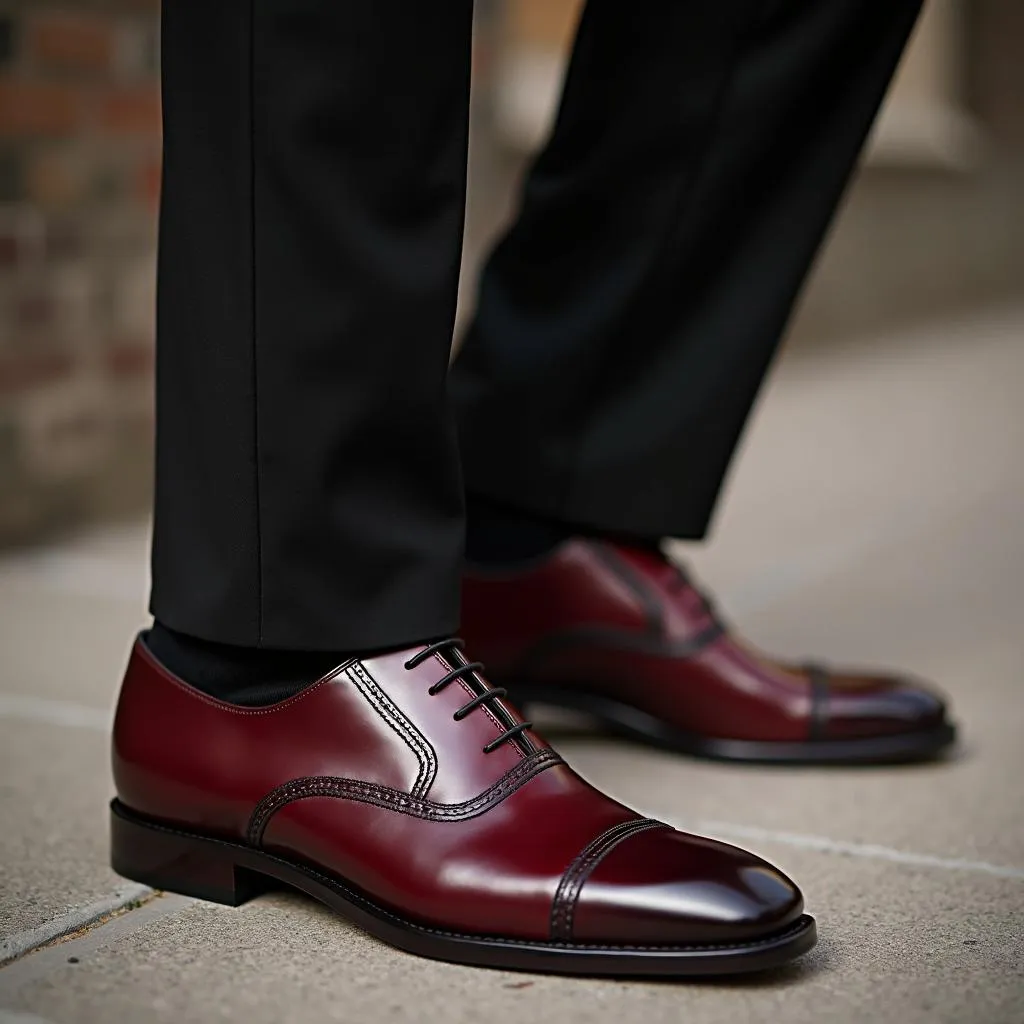 Oxblood dress shoes paired with a black suit